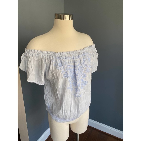 Hollister baby blue off the shoulder embroidered boho top - Picture 10 of 13